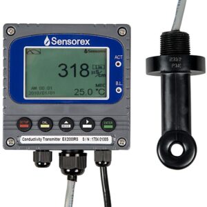 EX2000RS från sensorex med lcd-skärm som visar avläsningar, åtföljd av en sond och kabelanslutningar på vit bakgrund.