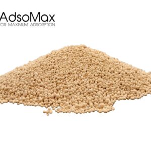 A pile of beige adsomax adsorbent beads on a white background with a company logo in the top left corner.