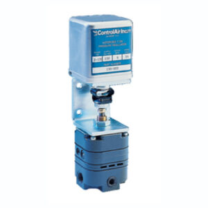A blue industrial Control Air 100M motorized ball valve with an attached electronic controller, mounted on a white background.