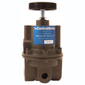 A Control Air 700 pressure regulator with a black knob on top and a dark gray body with labels and markings.