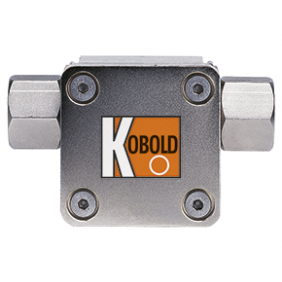 Framifrån av en Kobold DRH-flödesbrytare med en grå metallisk kropp och en orange logotyp på frontpanelen.