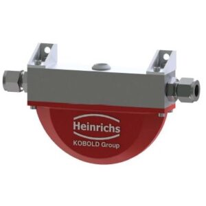 Industriell heinrichs flödesmätare från kobold-gruppen, med en röd oval kropp med grå fästen och etiketter.