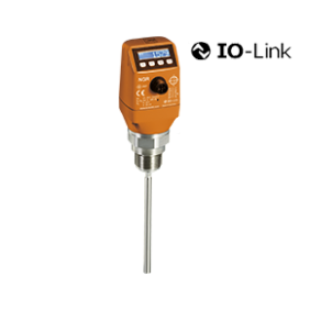 En orange io-link industriell temperatursensor med digital display och en rostfri sond, isolerad på en vit bakgrund.