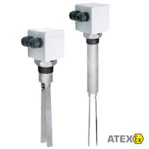 Två Kobold NSV industriella temperatursensorer med metallsonder och vita skyddande höljen, var och en med kabelanslutningar och märkta med en atex-certifieringslogotyp.