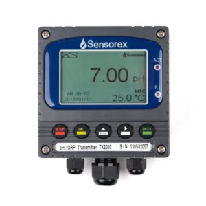 TX2000 ph-mätardisplay som visar ett ph-värde på 7,00 och en temperatur på 25,0°c, inrymd i en svart ram med flera kontrollknappar.