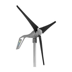 Three-blade AIR 40 wind generator on steel pole, insulated on white background, focusing on renewable energy technologies.
