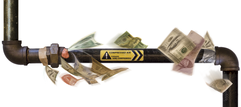 Ødelagt rør som lekker amerikanske dollarsedler med en advarsel om "trykkluft", som illustrerer begrepet økonomisk sløsing.