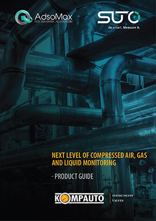 Omslag till en produktguide med blåtonade industrirör, med logotyper för adsomax, suc och kompauto, och text om övervakning av tryckluft, gas och vätska.