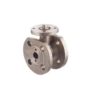 Stainless steel flanged ball valve on a white background.
