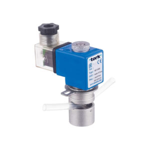 Blue and silver industrial solenoid valve with a meter and safety label, isolated on a white background.