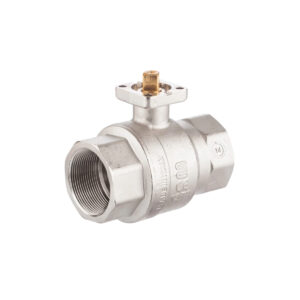 Metal ball valve with internal threaded connections, with a side-mounted lever handle, insulated on a white background.