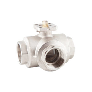 Stainless steel three-way ball valve with threaded connections on a white background.