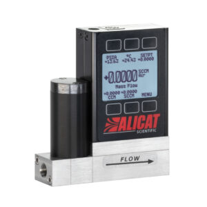 Digital mass flow controller with a display, marked "alicat scientific", with a cylindrical component attached to the left.