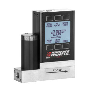 Digital mass flow controller with display, mounted on a metal block with hose connections.