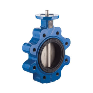 Blue industrial butterfly valve isolated on a white background, showing internal mechanisms and flange fittings.