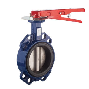 A blue industrial butterfly valve with a red manual lever handle, isolated on a white background.