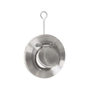 A stainless steel lid with a foldable handle hanging from a metal hook against a white background.