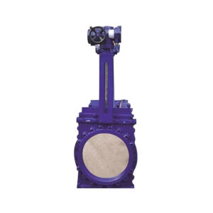 A large industrial valve painted purple with a round handwheel on top, against a simple background.