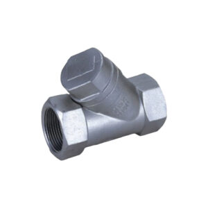 Metal Y-strainer valve with threaded female connections, with a hexagonal cap at one end, insulated on a white background.