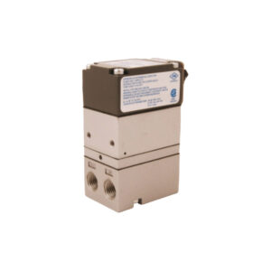 A beige industrial air valve with double ports and regulatory labels on the side, isolated on a white background.