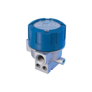 Blue industrial pressure transducer with multiple ports and adjustment knobs on a white background.