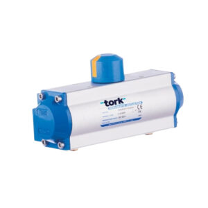 Ett elektriskt ställdon från tork med en blå och vit kropp och en gul toppbrytare, isolerad på en vit bakgrund.