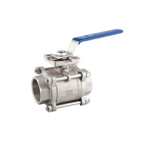 Stainless steel ball valve with a blue handle isolated on a white background.