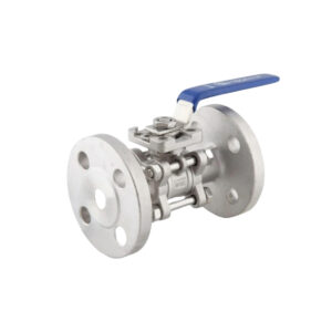 Stainless steel ball valve with blue handle and flange connections, insulated on white background.
