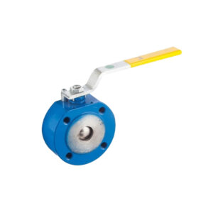 A blue industrial butterfly valve with a yellow lever handle, isolated on a white background.