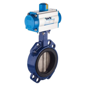 A blue industrial butterfly valve with a dryer pneumatic actuator mounted on top, isolated on a white background.