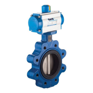 Blue industrial butterfly valve with pneumatic actuator on a white background.