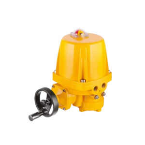 A yellow industrial gas actuator with a manual handwheel on a white background.