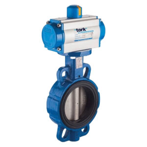 Blue industrial butterfly valve with a pneumatic actuator mounted on top, isolated on a white background.