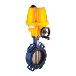 Electric actuator mounted on a blue butterfly valve with a manual handle, isolated on a white background.
