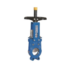 Manual gate valve with a handwheel on top, with a blue body and metal details, isolated on a white background.