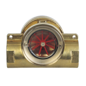 Brandsprinkler i mässing med ett synligt rött hjul bakom ett cirkulärt glasfönster, monterad på en metallplatta.