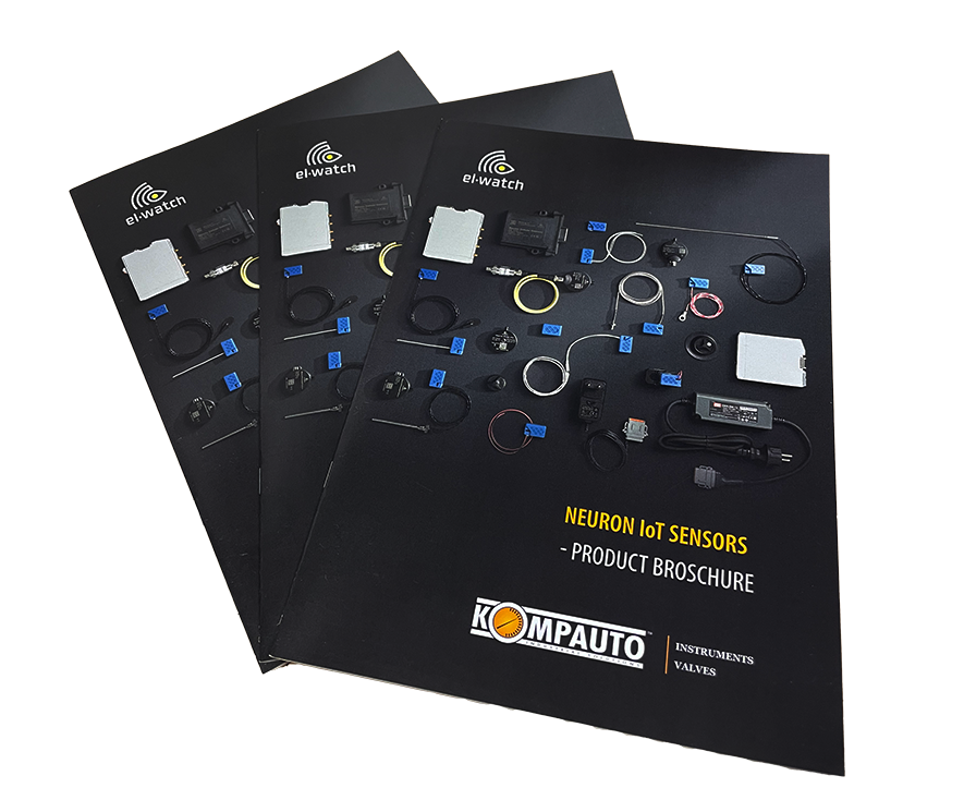 Brochures with a variety of neuron-iot sensors from compauto instruments, displayed against a patterned background.