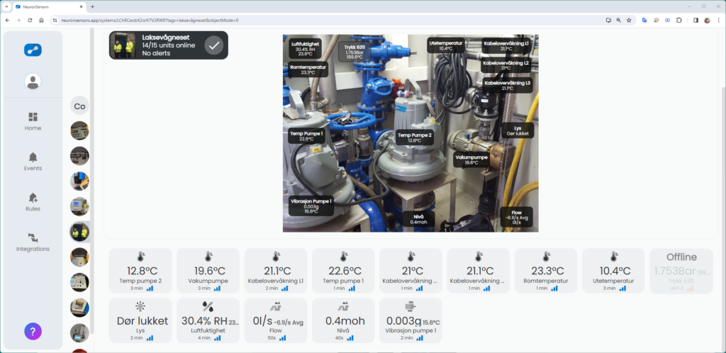 A complex industrial installation with various labeled pipes and gauges, displaying temperature and pressure information on a computer interface.