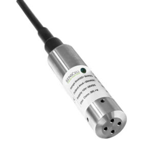 En cylindrisk metallsensor med en svart kabel i ena änden och en etikett som visar tekniska specifikationer lindad runt kroppen.